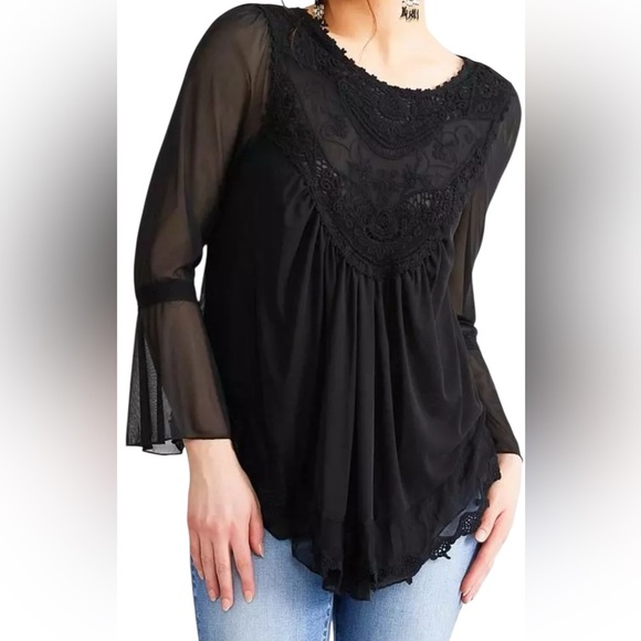 Vintage style Semi sheer Mesh embroidered crotchet flowy Top Sz L - Picture 16 of 16